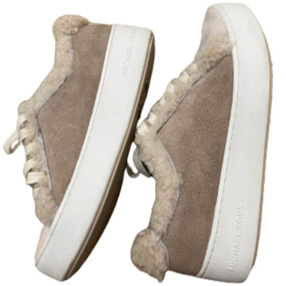 Michael Kors Women’s Poppy Suede Shearling Lace-Up Ivory Tan Sneakers Size 7.5 - Picture 5 of 12